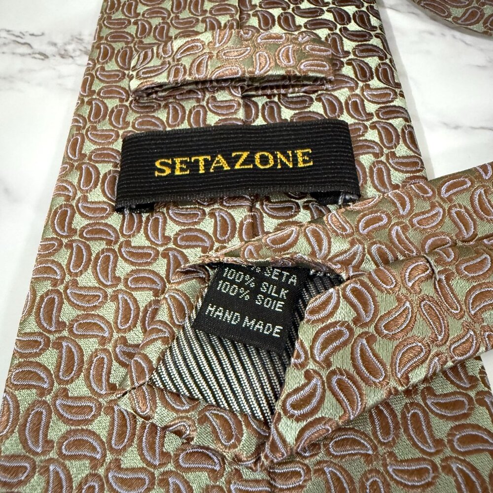 Handmade Setazone 100% Silk Tie  Brown Green Paisley Elegant Design Iridescent - Picture 3 of 14